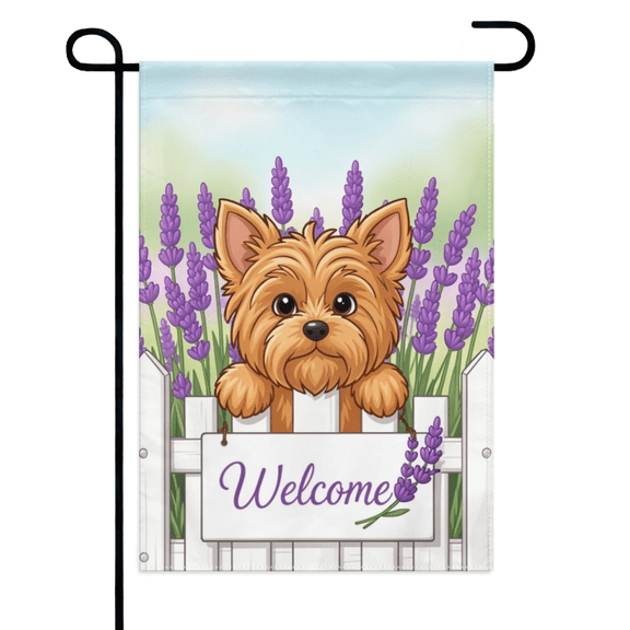 Yorkie Lavender Garden Flag 12×18in Double Sided, Fragrant Floral Puppy Yard Banner, Relaxing Seasonal Ornament for Spring Summer Lawn Patio Courtyard Casual Outdoor Space