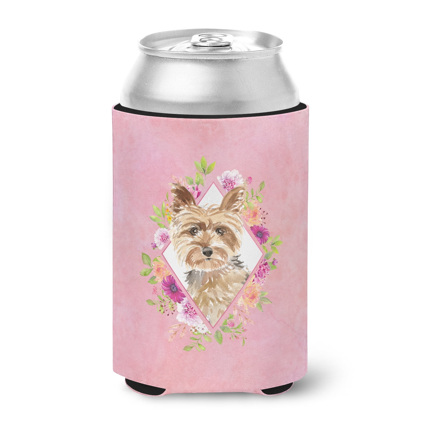 Yorkie Pink Flowers Can or Bottle Hugger