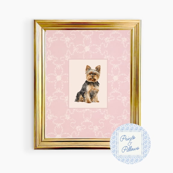 Yorkie Pink Nursery Decor Preppy Wall Dog Mom Grand Millennial Portrait, Stretched Canvas