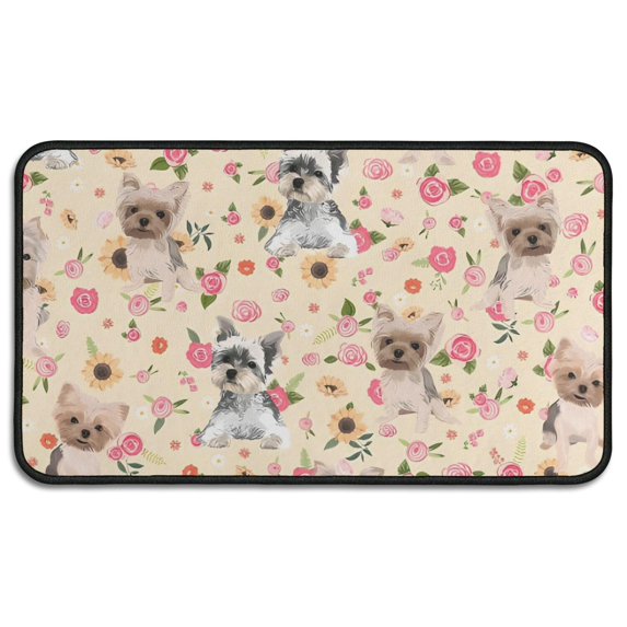 Yorkie with Pioneer Flower Door Rugs,Washable Non Slip Door Mats Indoor,Decorative Door Mats,Entry Mat Indoor for Entrance,Bedroom,Kitchen,Bathroom,30"x17"