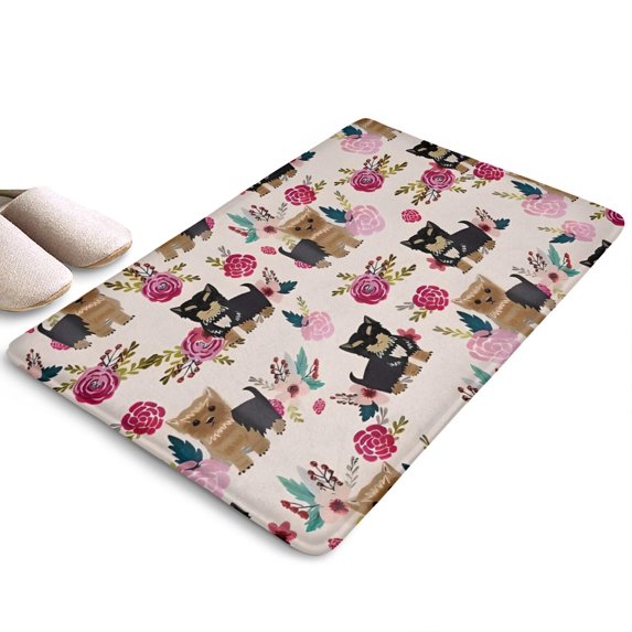 Yorkie and Pioneer Flower Flannel Non Slip Door Rugs,Washable Door Mats Indoor,Decorative Door Mats,Dirt-Resistant and Absorbent Doormat for Entrance,Bedroom,Kitchen,Bathroom,31.5x17in(80x43cm)