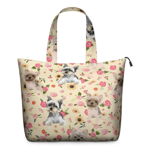 Yorkie with Pioneer Flower Travel Tote Bags for Women Carry On,Large Weekender Bags for Women Travel,Multi Functional Duffle Bag for Work,Shopping,Sports