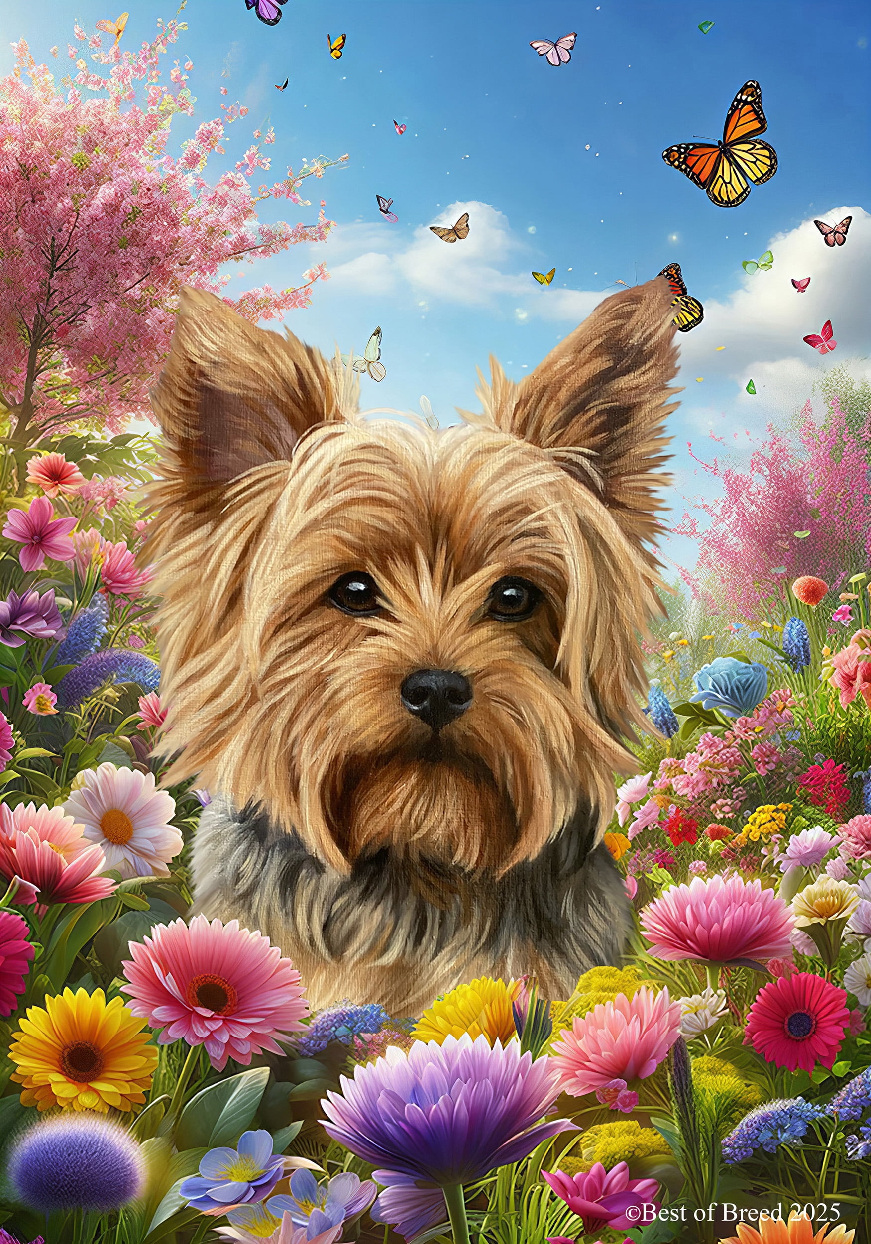 Yorkie Spring Yorkie Puppy Cut - Best of Breed Spring Butterfly Outdoor House Flag 28 ...