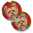 thumbnail image 1 of Yorkie Red & Green Snowflakes Holiday Christmas Set of 2 Cup Holder Car Coaster, 1 of 1