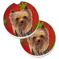 thumbnail image 1 of Yorkie Red & Green Snowflakes Holiday Christmas Set of 2 Cup Holder Car Coaster, 1 of 1