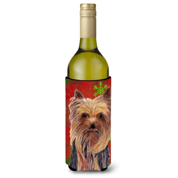 Yorkie Red and Green Snowflakes Holiday Christmas Wine Bottle Hugger
