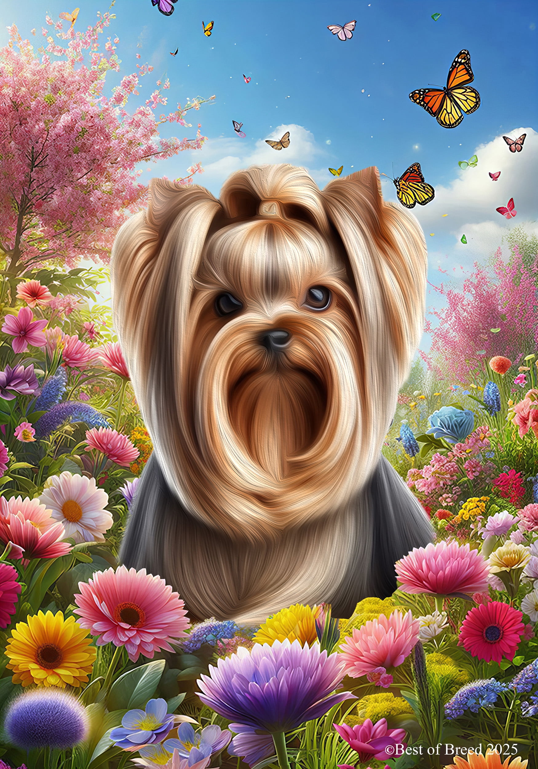 Yorkie Spring Yorkie Show Cut - Best of Breed Spring Butterfly Outdoor Garden Flag 12 ...