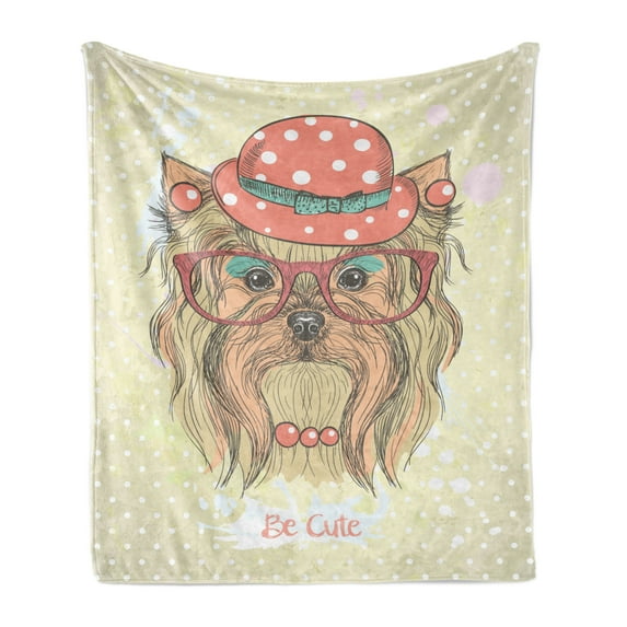 Yorkie Soft Flannel Fleece Throw Blanket, Be Portrait of an Dog Earrings Necklace Glasses Hat Makeup, Cozy Plush for Indoor and Outdoor Use, 70" x 90", Pale Brown Coral, by Ambesonne