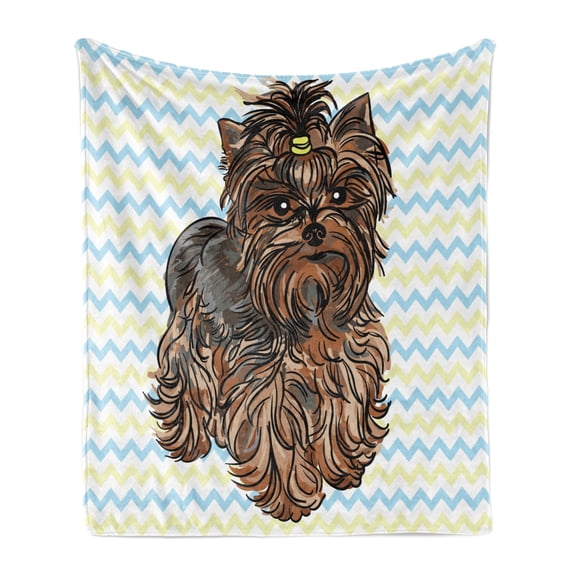 Yorkie Soft Flannel Fleece Throw Blanket, Brown Yorkie with Evenr Buckle on Its Head Drawing on Chevron Backdrop, Cozy Plush for Indoor and Outdoor Use, 50" x 70", Chestnut Brown, by Ambesonne