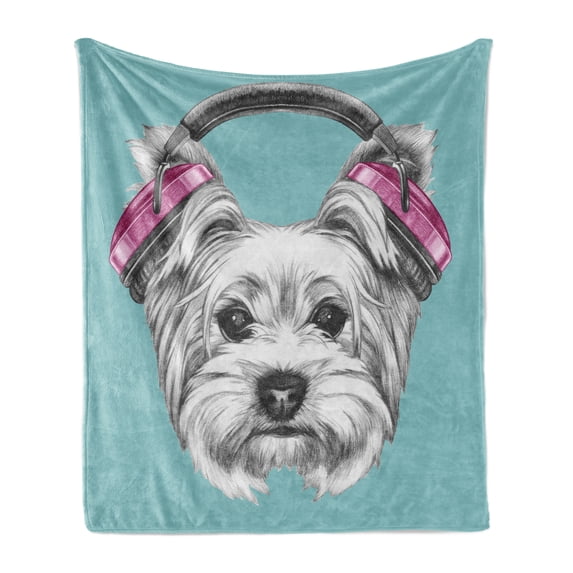 Yorkie Soft Flannel Fleece Throw Blanket, Dog Headphones Music Listening Yorkshire Terrier Hand Drawn Caricature, Cozy Plush for Indoor and Outdoor Use, 70" x 90", Pale Blue White, by Ambesonne