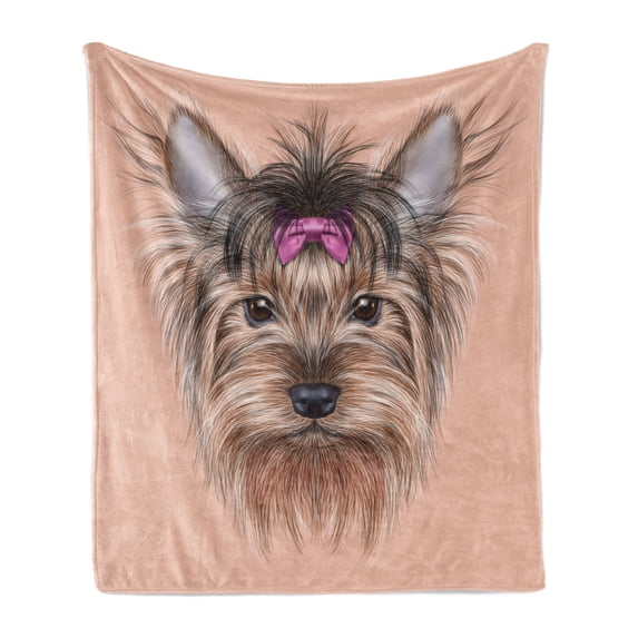 Yorkie Soft Flannel Fleece Throw Blanket, Realistic Computer Drawn Image of Yorkshire Terrier Ribbon Animal, Cozy Plush for Indoor and Outdoor Use, 60" x 80", Salmon Pale Brown, by Ambesonne