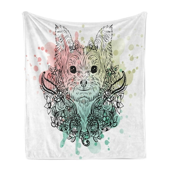 Yorkie Soft Flannel Fleece Throw Blanket, Sketch of a Yorkshire Terrier on a Bed of Flowers Black and White Drawing Art, Cozy Plush for Indoor and Outdoor Use, 50" x 70", Black White, by Ambesonne