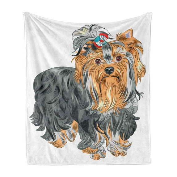 Yorkie Soft Flannel Fleece Throw Blanket, Terrier with Bow on Head Colored Sketch Speckled Dog Lifelike Beast Yorkie, Cozy Plush for Indoor and Outdoor Use, 50" x 60", Grey Apricot, by Ambesonne
