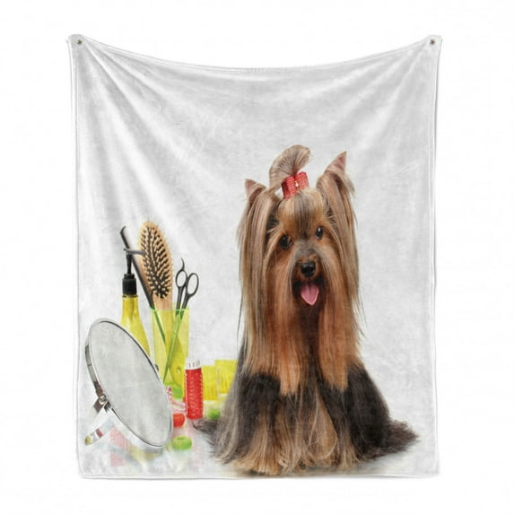 Yorkie Soft Flannel Fleece Throw Blanket, Yorkshire Terrier with Hairdressing Equipment Mirror Scissors, Cozy Plush for Indoor and Outdoor Use, 60" x 80", Dark Brown Multicolor, by Ambesonne
