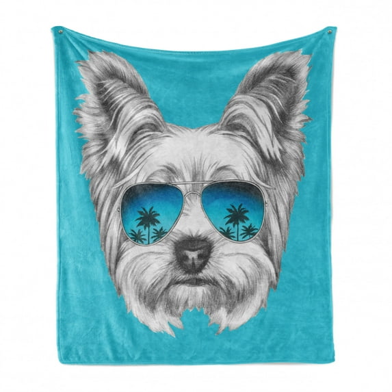 Yorkie Soft Flannel Fleece Throw Blanket, Yorkshire Terrier Portrait with Cool Mirror Sunglasses Hand Drawn Animal Art, Cozy Plush for Indoor and Outdoor Use, 60" x 80", Blue White, by Ambesonne