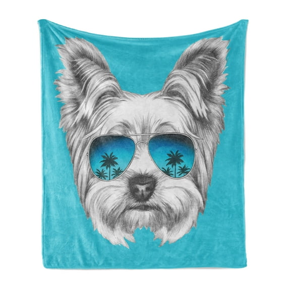 Yorkie Soft Flannel Fleece Throw Blanket, Yorkshire Terrier Portrait with Cool Mirror Sunglasses Hand Drawn Animal Art, Cozy Plush for Indoor and Outdoor Use, 70" x 90", Blue White, by Ambesonne