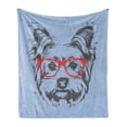 thumbnail image 1 of Yorkie Soft Flannel Fleece Throw Blanket, Yorkshire Terrier Portrait Red Nerd Glasses Tainted Backdrop Animal, Cozy Plush for Indoor and Outdoor Use, 50" x 60", Pale Blue Grey Vermilion, by Ambesonne, 1 of 5