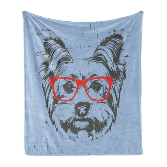 Yorkie Soft Flannel Fleece Throw Blanket, Yorkshire Terrier Portrait Red Nerd Glasses Tainted Backdrop Animal, Cozy Plush for Indoor and Outdoor Use, 50" x 70", Pale Blue Grey Vermilion, by Ambesonne