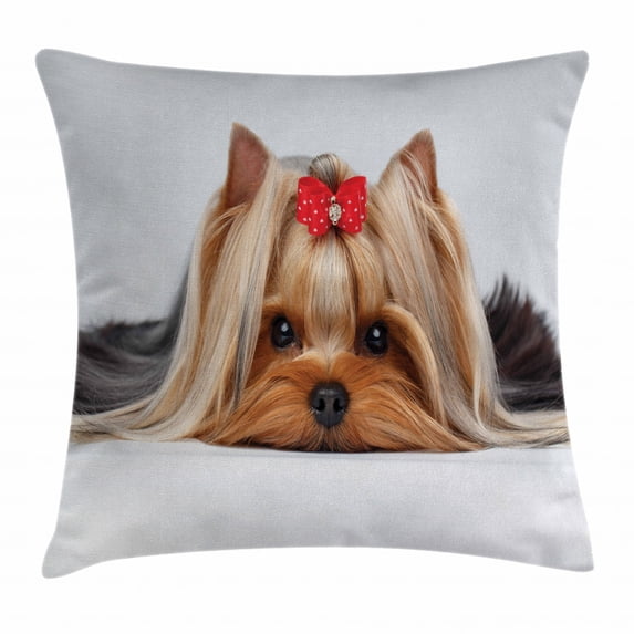 Yorkie Throw Pillow Cushion Cover, Lying Yorkshire Terrier with Cute Ribbon Yorkie Love Portrait of a Dog, Decorative Square Accent Pillow Case, 20 X 20 Inches, Pale Caramel Sand Brown, by Ambesonne
