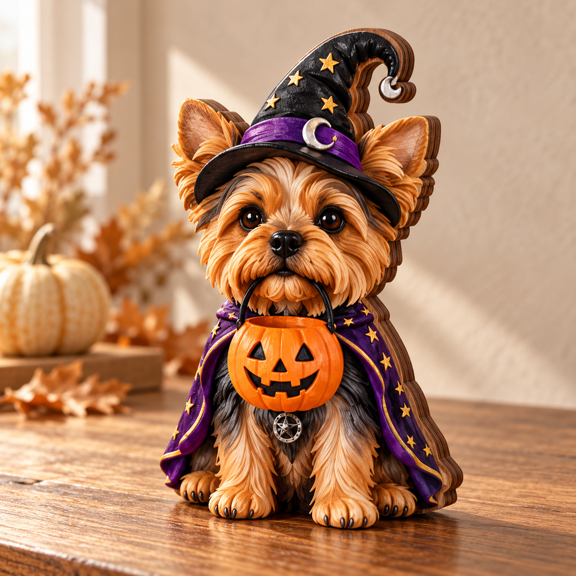 Yorkie Witch Wooden Block 3 Layer for Halloween Dog Lover Tabletop Decor