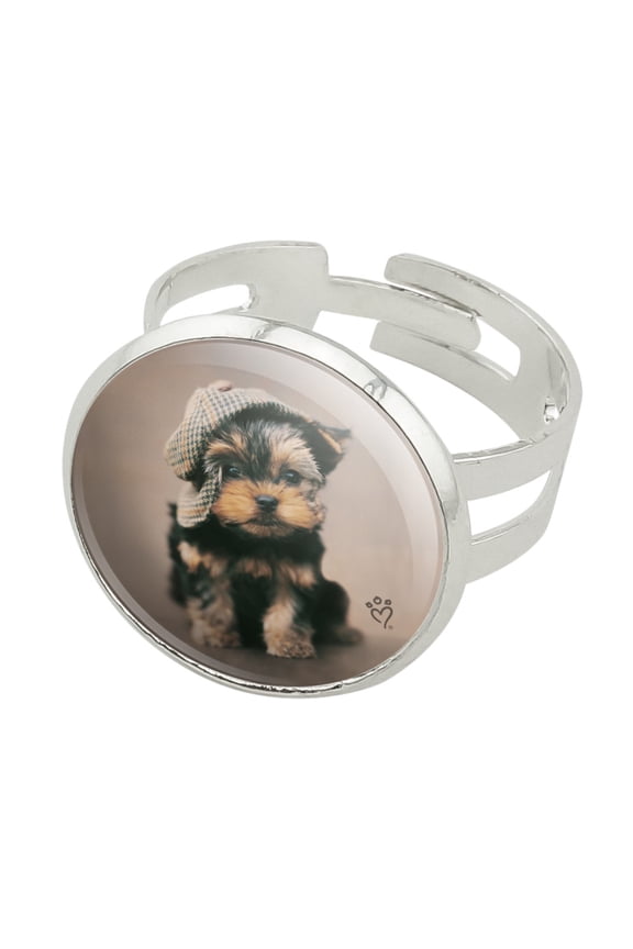 Yorkie Yorkshire Terrier Dog Dapper Cap Hat Silver Plated Adjustable Novelty Ring