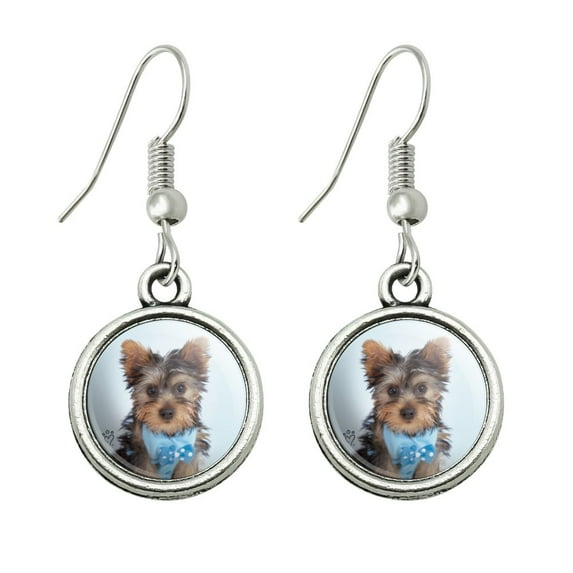Yorkie Yorkshire Terrier Puppy Dog Blue Bow Tie Novelty Dangling Drop Charm Earrings
