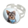 thumbnail image 1 of Yorkie Yorkshire Terrier Puppy Dog Blue Bow Tie Silver Plated Adjustable Novelty Ring, 1 of 4
