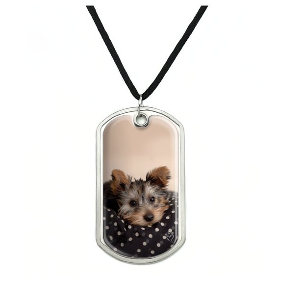 Yorkie Yorshire Terrier Puppy Dog on a Spotted Cushion Military Dog Tag Pendant Necklace with Cord