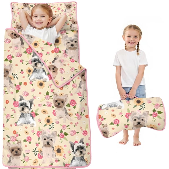 Yorkie with Pioneer Flower Toddler Nap Mats for Kids Preschool,Sleeping Mat Bag or Kids,Toddler Sleeping Bag,Toddler Nap Mat or Daycare
