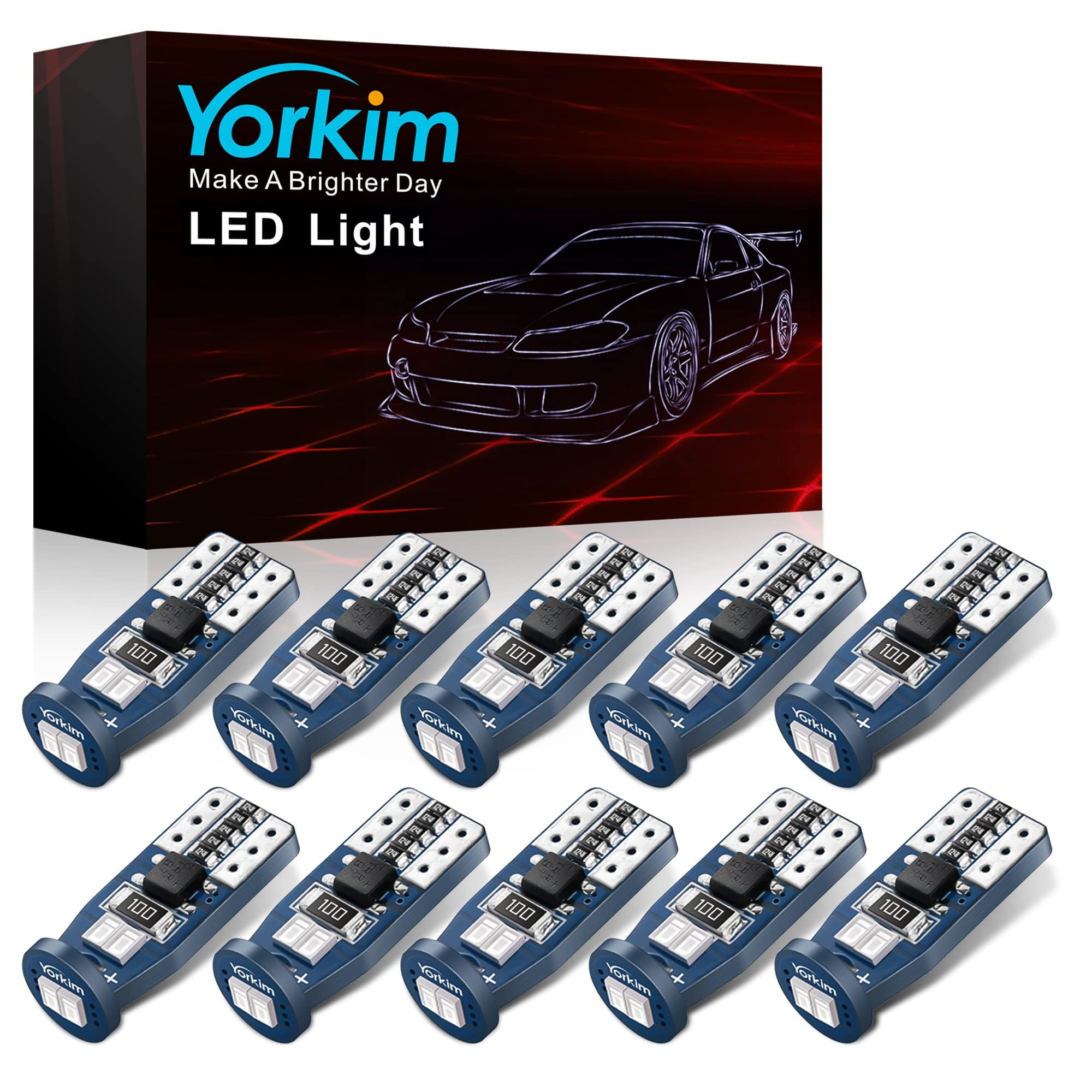 Yorkim T10 LED Bulbs 10-Pack - Canbus Error Free, Super Bright 6-SMD 194 168 W5W 2825 For Interior Map Dome Trunk License Plate Lights, White