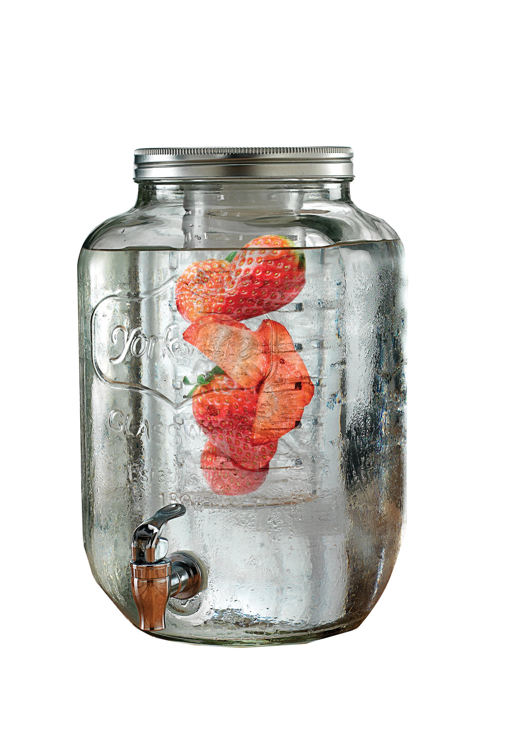 2 Gallon Glass Beverage Dispenser with Ice and Fruit Infusers, Steel Spigot