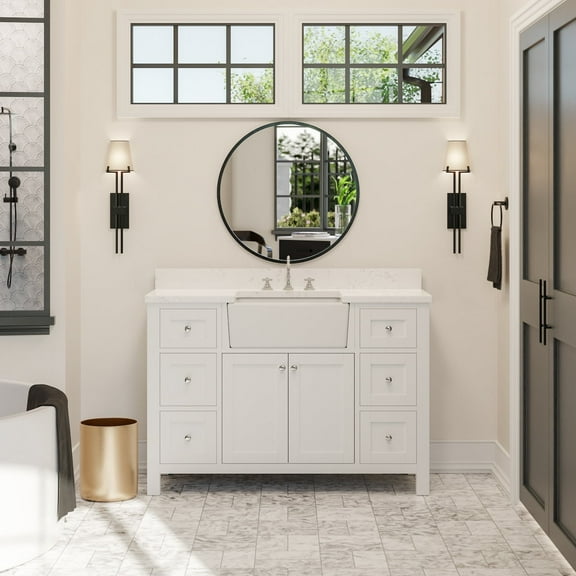 Yorkshire 48" Farmhouse Bathroom Vanity with White Cabinet and Engineered Marble Top