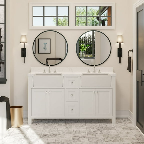 Yorkshire 60" Double Farmhouse Bathroom Vanity with White Cabinet and Engineered Marble Top
