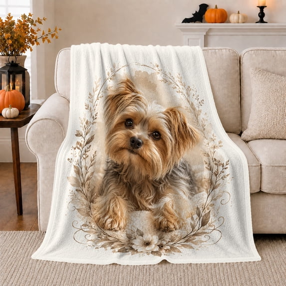 Yorkshire Dog Portrait with Neutral Florals, Gentle Cottagecore Style for Dog Lovers, Botanical Pet Art and Birthday Gift, Soft Flannel Blanket for Bedroom and Guest Room, Pet Home Decor