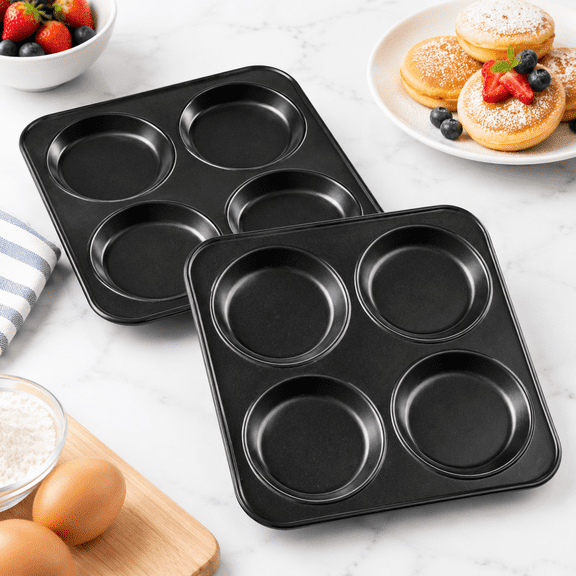 Yorkshire Pudding Pan 4 Inch Muffin Top Pans 2 Pack Nonstick Hamburger Whoopie Pie Egg Sandwich Molds Small Round Bread Roll Baki