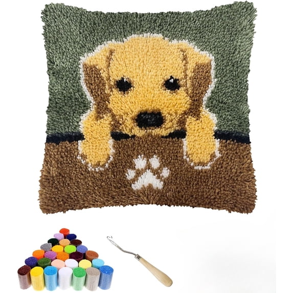 Yorkshire Puppy Latch Hook Kits for Adults, Beginners DIY Crochet Pillow Kit Pillowcase Hook and Latch Rug Kits Needlework Cushion Cover for Home Sofa Decoration 17x17 inch