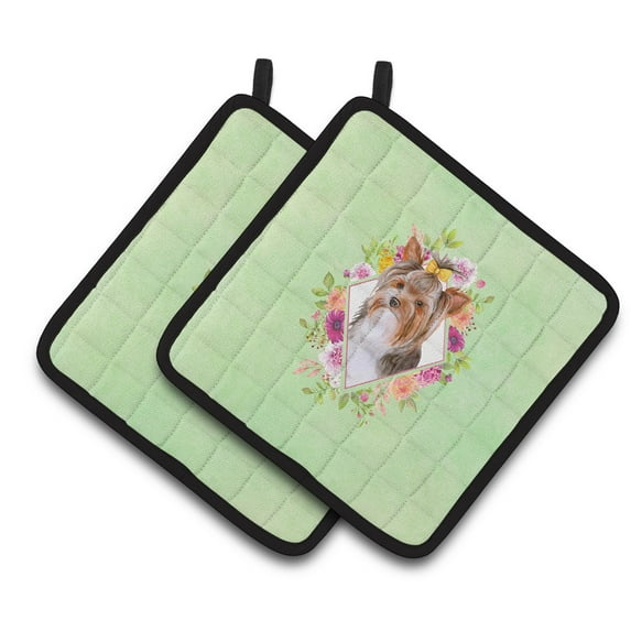 Yorkshire Terrier #1 Green Flowers Pair of Pot Holders
