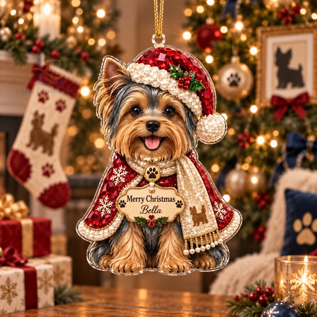 Yorkshire Terrier Acrylic Ornament, Santa Hat Dog Tree Hanging for ...