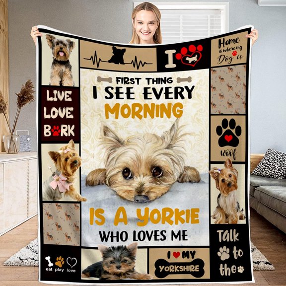 Yorkshire Terrier Blanket Dog Print Fleece Blanket Fluffy Throw Blanket Soft Microfiber Blanket Sofa Bed Birthday Gift for Dad Mom Kids Yokie Lover Fleece Blanket Pets Gifts (Large (80x60 inches))