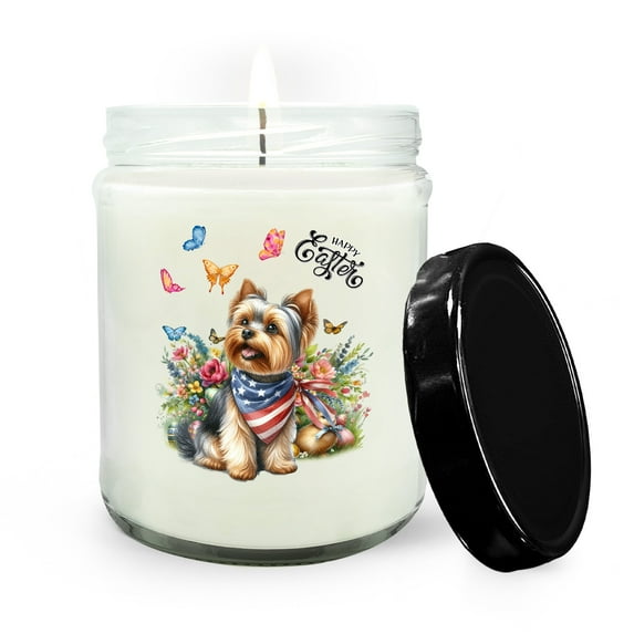 Yorkshire Terrier Celebrates Spring and Enjoys a Happy Easter Soy Wax Candle Yorkie Dog Lover Gifts 16oz White Vanilla Candle - 02001