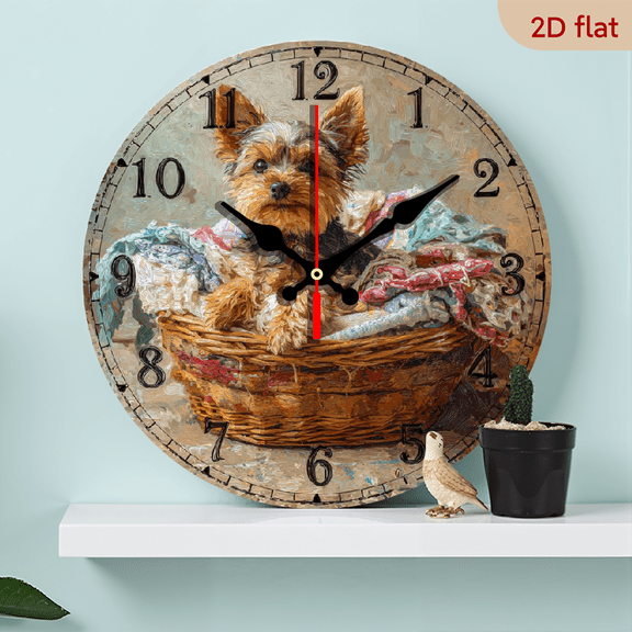Yorkshire Terrier Dog in Basket Silent Non-Ticking Wooden Wall Clock - Large Easy-Read Black Hands White Face, Pet-Themed Decor for Kitchen, Living Room, (10inch) - Yorkshire Terrier Lov
