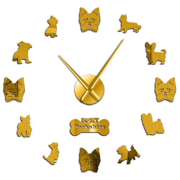 Yorkshire Terrier Dog Silouette Frameless Wall Clock Stickers, DIY Modern Decorative Clocks for Living Room, Bedroom, Office - Easy to Install, Large 3D Clock Design (Gold,27in)
