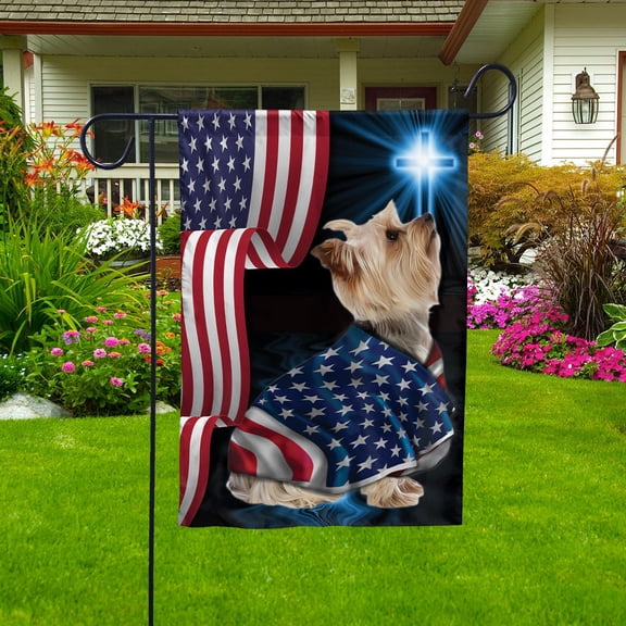 Yorkshire Terrier Dog Wearing Flag American Faith Cross 4th of july, Dog Decor American Flag Garden Flag (11.5x17.5) Double Sided-USA Flags Premium Polyester-Decorative Indoor Outdoor Flag