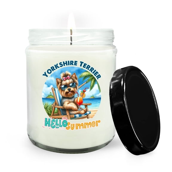 Yorkshire Terrier Hello Summer Beach Theme with Sunglasses and Tropical Cocktail Soy Wax Candle Yorkie Dog Lover Gifts 16oz White Vanilla Candle - 00009