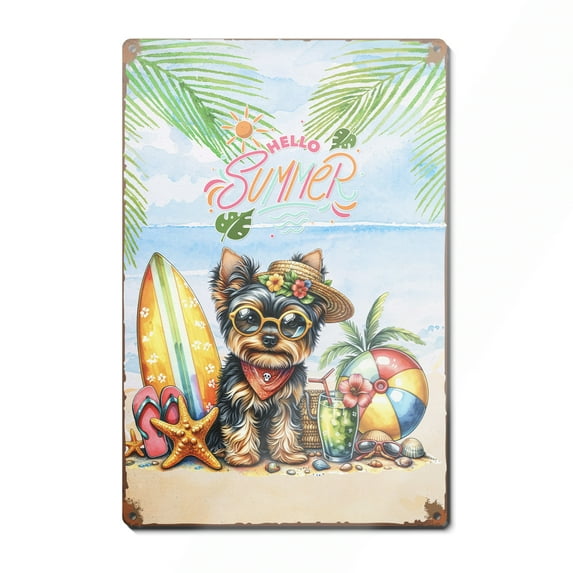 Yorkshire Terrier Hello Summer with Sunglasses and Surfboard Tropical Vibes Vertical Metal Aluminum Sign Yorkie Dog Lover Gifts Wall Art Home Decor - 00007