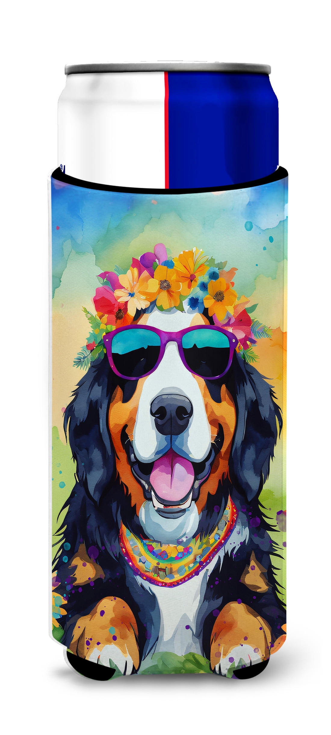 Bernese Mountain Dog Hippie Dawg Hugger for Ultra Slim Cans 4 in x 6.5 in