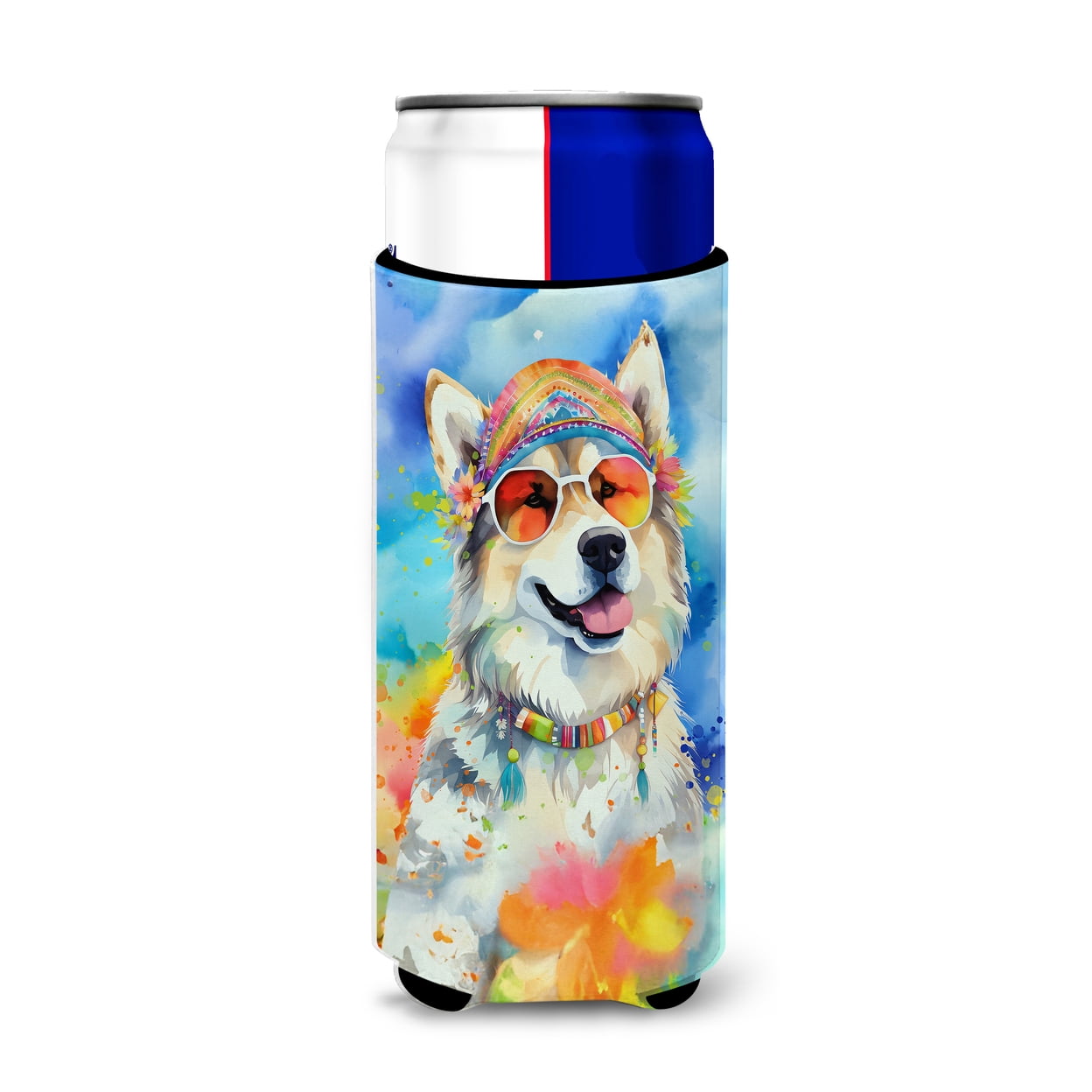 Alaskan Malamute Hippie Dawg Hugger for Ultra Slim Cans 4 in x 6.5 in