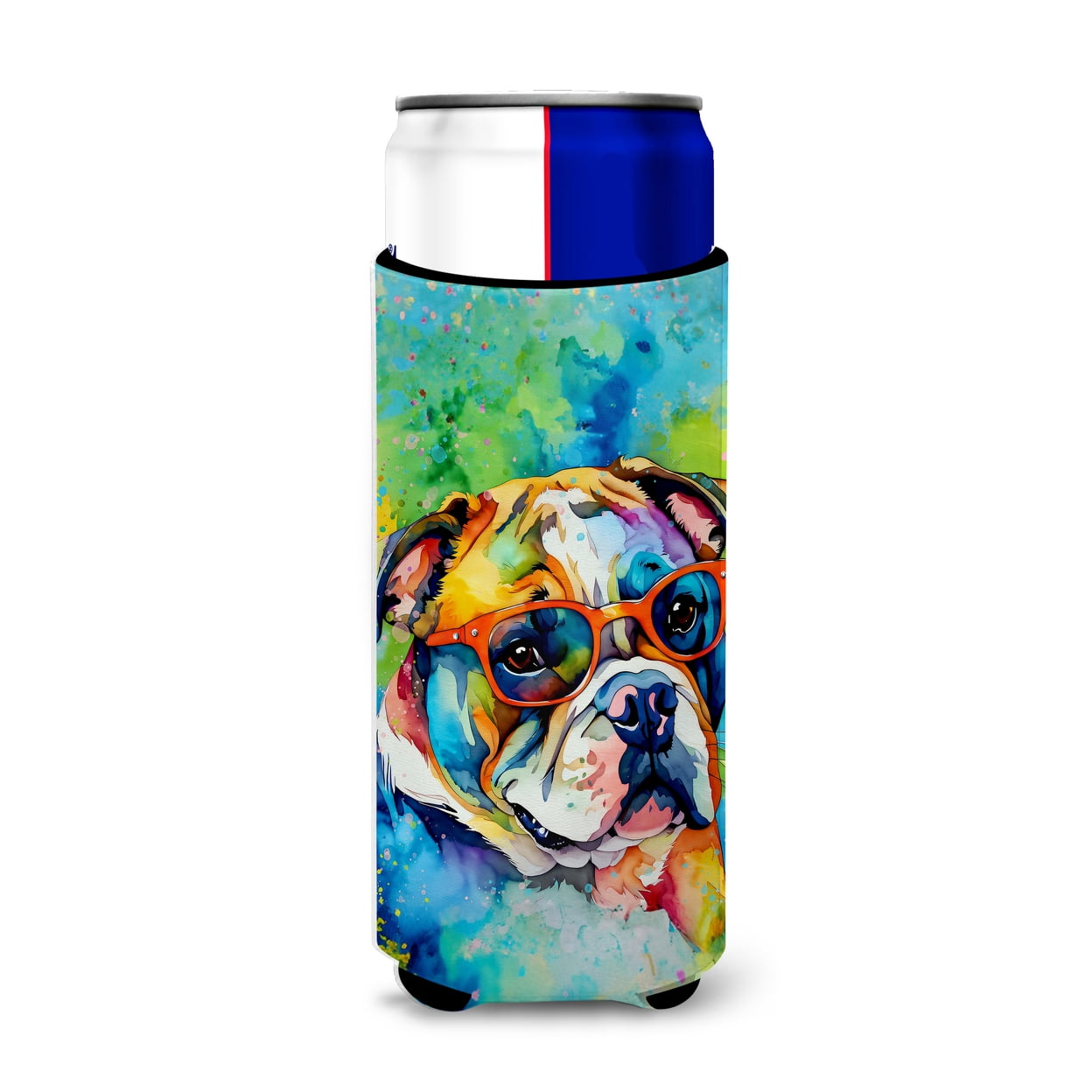 English Bulldog Hippie Dawg Hugger for Ultra Slim Cans 4 in x 6.5 in