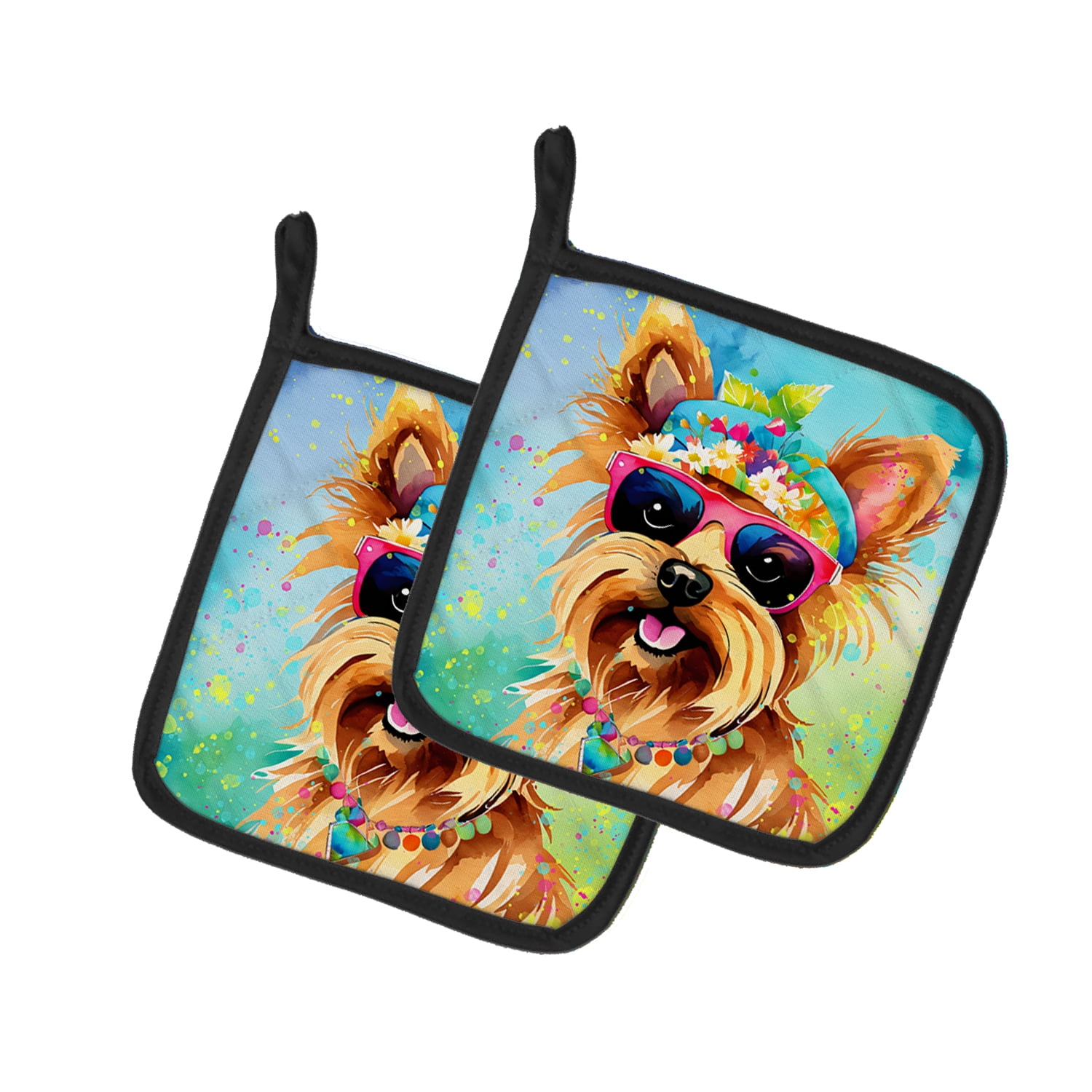 Yorkshire Terrier Hippie Dawg Pair of Pot Holders 7.5 in x 7.5 in