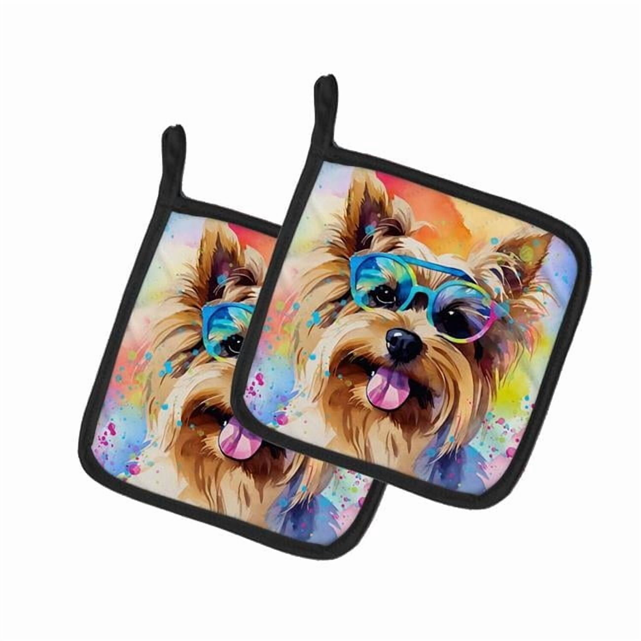 Yorkshire Terrier Hippie Dawg Pair of Pot Holders 7.5 in x 7.5 in